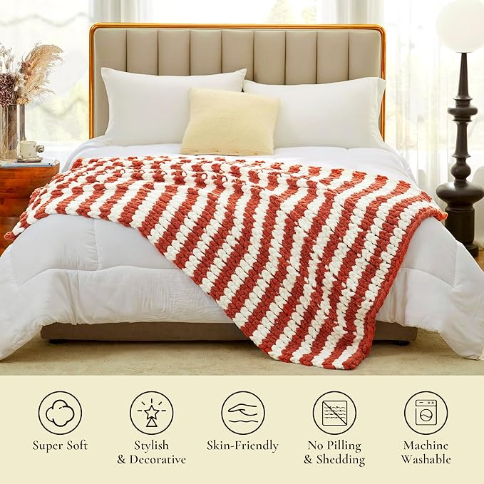 Amélie Home Chunky Knit Throw Blanket for Couch, Soft Chenille Handmade Crochet Throw Rope Knot Blanket for Couch, 50"x60", Burnt Orange & White Striped
