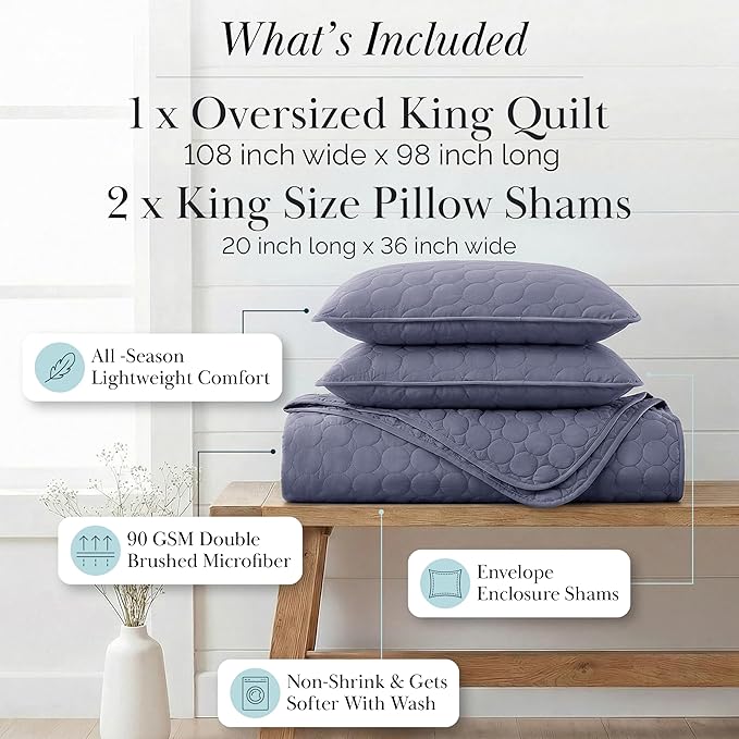 Southshore Fine Living, Inc. Lightweight Quilt, Oversized Quilts For King Bed, Soft Coverlet, 3-Piece Bedspread Set with Two Matching Quilted Pillow Shams, All Season California/King Quilt Sets, Denim