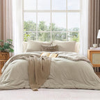 WRENSONGE Queen Comforter Set - 3 Pieces Prewashed Light Oatmeal Comforter Soft Lightweight for All Seasons,Down Alternative Comforters Queen Size with 2 Pillow Shams