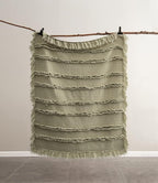 Ultra Soft Pre-Washed Quilted Throw Blanket, Ruffle Fringed Olive Green Decorative Throw, Sage Green Stone Washed Chic Rustic Blanket for Sofa Couch Bed, 50"x 60"