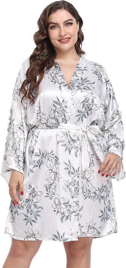 Women's Plus Size Satin Kimono Robes Short Silk Bathrobe Bridesmaid Wedding Party Nightgown Sleepwear