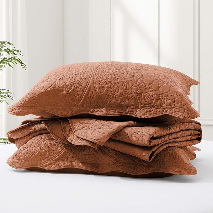 IR Imperial Rooms Twin Quilt Bedding Set Size (68” x 86”) + 1 Pillow Shams (20” x 26” + 2”) - 2 Pcs All Season Lightweight Reversible Microfiber Coverlet Floral Embossed Quilt Bedspread (Rust)