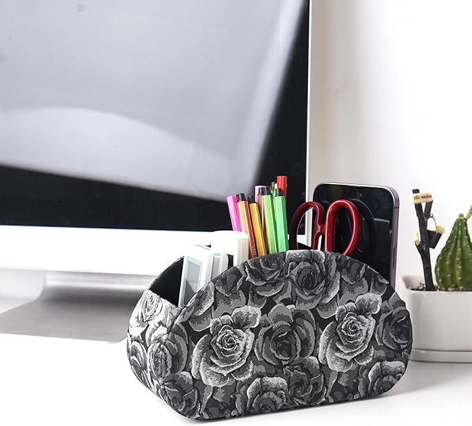 QIELIZI Remote Control Holder, PU Leather Remote Caddy Desktop Organizer with 5 Spacious Compartments for TV Remotes/Media Controllers/Office Supplies (1-3D Black Grey