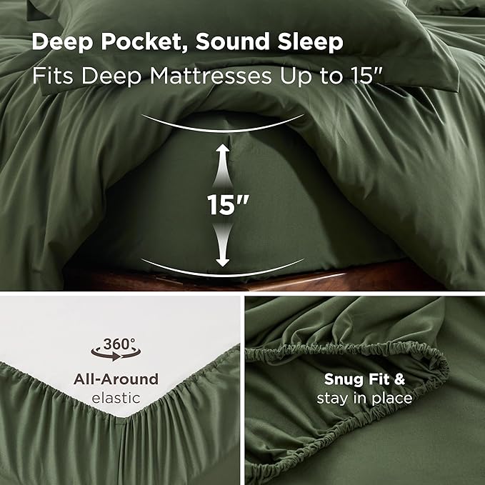 Bedsure Duvet Cover with Fitted Sheet King - Cooling Deep Pocket, Hotel Luxury Soft Double Brushed Bedding Set with Zipper Closure, 1 Duvet Cover, 1 Fitted Sheet, 2 Pillow Shams, NO Comforter, Green