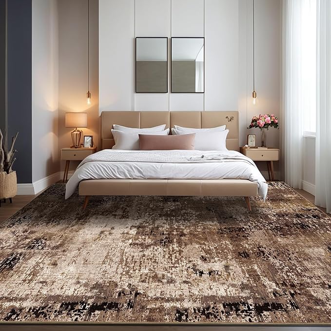 Area Rug 5x7 Washable Rugs Modern Abstract Area Rug Soft Non-Slip Non-Shedding Faux Wool Stain Resistant Floor Carpets for Living Room Bedroom Dining Room Kids Room Home Office (Brown)
