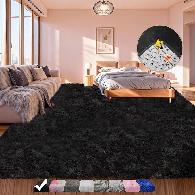 8x10 Area Rugs for Living Room Rug, Large Soft Fluffy Black Rugs for Bedroom, Non-Slip Fuzzy Plush Rug Big Indoor Thick Shag Carpet for Nursery Kids Boys Girls Room Dorms Playroom, Modern Home Decor
