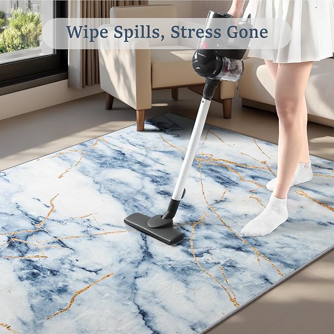 CRYPTOLITE Living Room Rug Washable Abstract Rugs with Non-Slip Backing Low Pile Area Rug for Living Room, Bedroom, Dining Room, 6x9, Blue