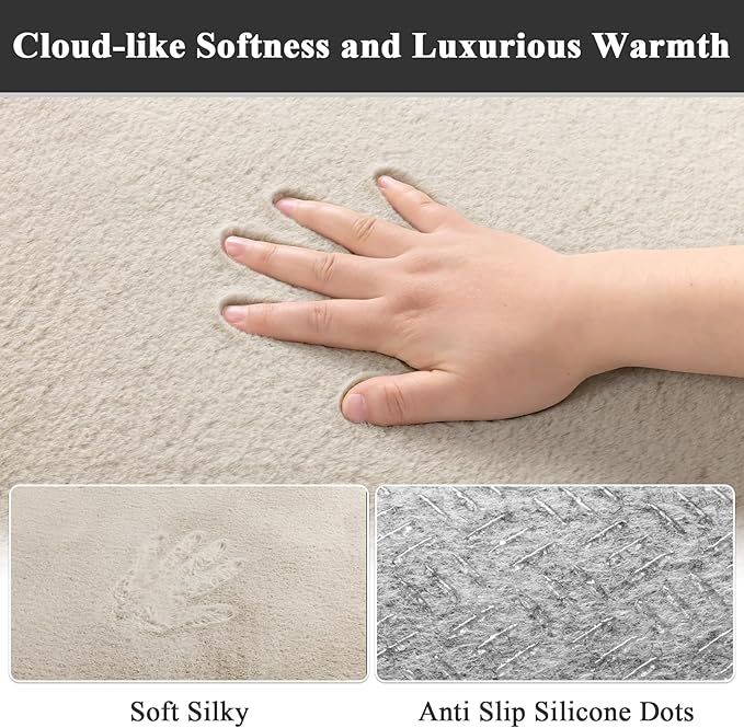 SHACOS Silky Soft Faux Rabbit Fur Area Rug 3'x5' Non Slip Washable Padded Medium Thick Rugs Fluffy Cozy Indoor Modern Carpet for Living Room Bedroom Dining Room Kids Room Dorm Home Decor, Beige