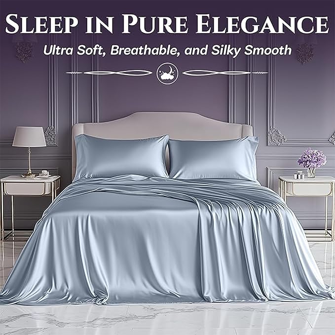 SLEEP SANCTUARY Satin Sheets King Size – 4 Piece Luxury Silky Bed Set, Softer Than Silk, 15" Deep Pocket, Cooling & Wrinkle-Free, Moisture-Wicking & Breathable for Hair & Skin (Baby Blue)