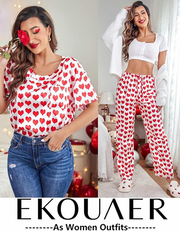 Ekouaer Womens Satin Silky Pajama Set Short Sleeve Shirt with Long Pajama Pant Set Soft PJ Loungewear