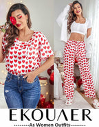 Ekouaer Womens Satin Silky Pajama Set Short Sleeve Shirt with Long Pajama Pant Set Soft PJ Loungewear