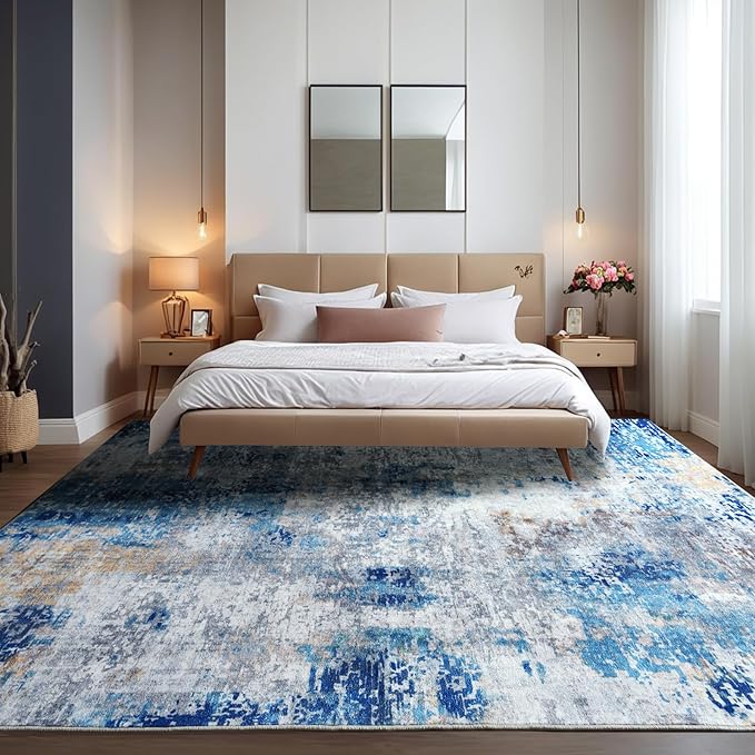Area Rug 8x10 Washable Rugs Modern Abstract Area Rug Soft Non-Slip Non-Shedding Faux Wool Stain Resistant Floor Carpets for Living Room Bedroom Dining Room Kids Room Home Office (Blue, Ivory)