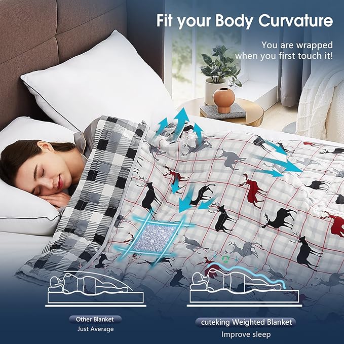 CuteKing Weighted Blanket for Adults (20lbs, 60"x80", Deer) Heavy Blanket for 180-190lbs, Weighted Blanket for Cooling & Heating with Premium Glass Beads, Thick Blanket for Adult All-Season
