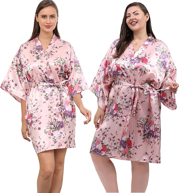 QXQTER Peony Floral Silky Satin Robe Wedding Bridal Party Bride Bridesmaid Robes for Women Dressing Gown Kimono Robe