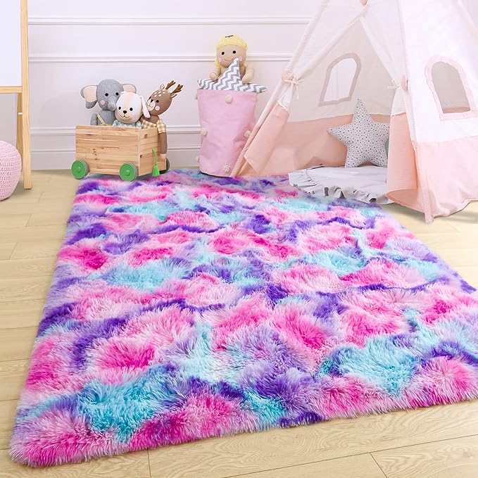 Noahas 4x6 Fluffy Kids Rugs for Room,Soft Hot Pink and Purple Tie-Dyed Rainbow Rug for Girls Bedroom,Soft Colorful Playroom Shag Nursery Carpets Room Decor