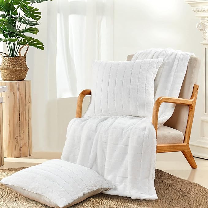 Striped Throw Blanket and Pillow Covers Set (No Inserts) for Couch and Bed, Plush Warm Lightweight Fuzzy Faux Fur Blanket for All Seasons (50" x 60", Pure White)