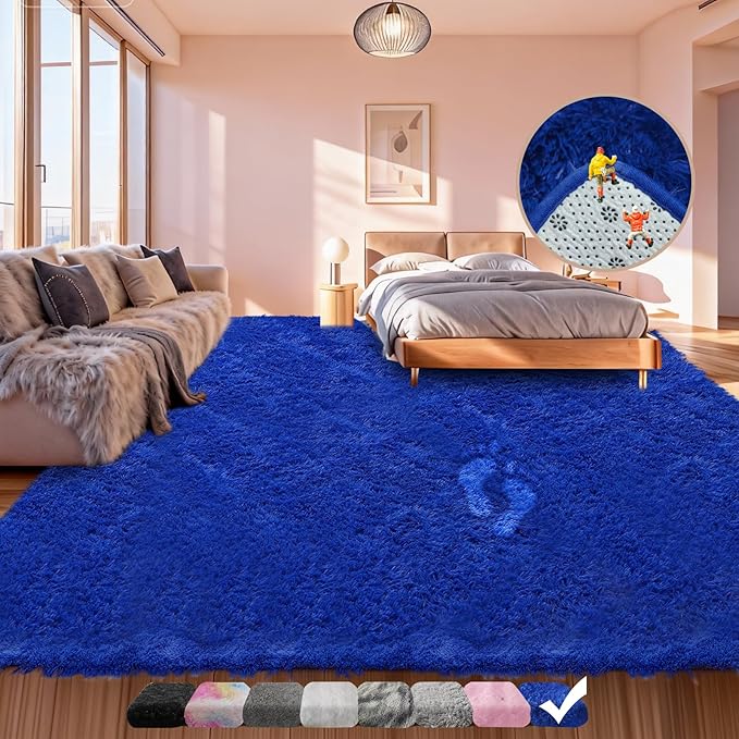 8x10 Area Rugs for Living Room, Upgrade Non-Slip Fluffy Soft Large Shag Bedroom Rug, Big Indoor Thick Fuzzy Shaggy Carpets for Kids Boy and Girls Room, Nursery, Dorm, Home Decor Aesthetic, Blue