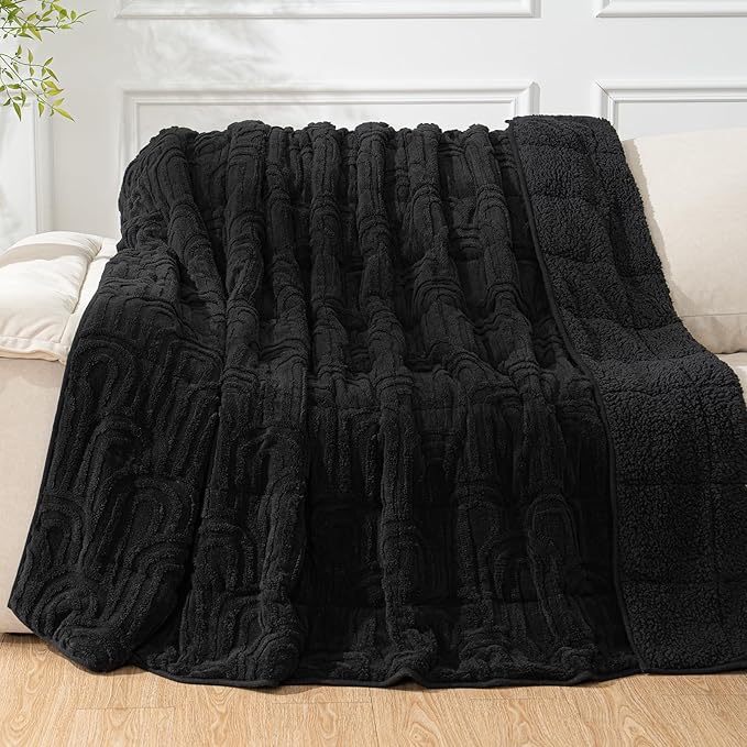 Cottonblue Jacquard Weighted Blanket for Adults 15 lbs Twin Size, Cozy Fluffy Sherpa Fleece Weighted Throw Blankets 48" x 72" for Sleep Relax, Fuzzy Warm Arch Heavy Blanket Soft for Bed Couch, Black