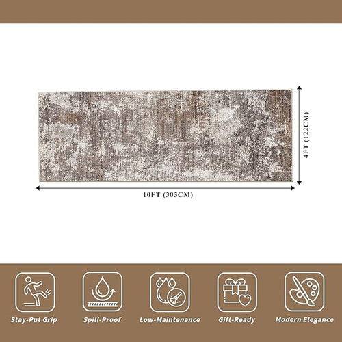 4x10 ft Extra Wide Hallway Rug – Non-Slip Washable Large Carpet Runner for Kitchen, Indoor Entryway, Modern Abstract Low-Pile Thin Floor Mat for Bedroom, Living Room, Dining Room (Brown Beige,4x10)