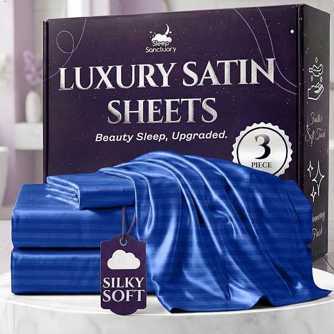 SLEEP SANCTUARY Satin Sheets Twin Size – 3 Piece Luxury Silky Bed Set, Softer Than Silk, 15" Deep Pocket, Cooling & Wrinkle-Free, Moisture-Wicking & Breathable for Hair & Skin (Striped Blue)