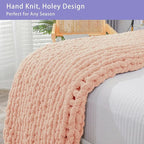 Bigacogo Chunky Knit Throw Blanket for Couch, 40x60 inches, 100% Hand Knitted with Thick Jumbo Chenille Yarn, Cozy Soft Large Rope Knot Cable Crochet Blankets for Sofa Bed Living Room, Peach Fuzz