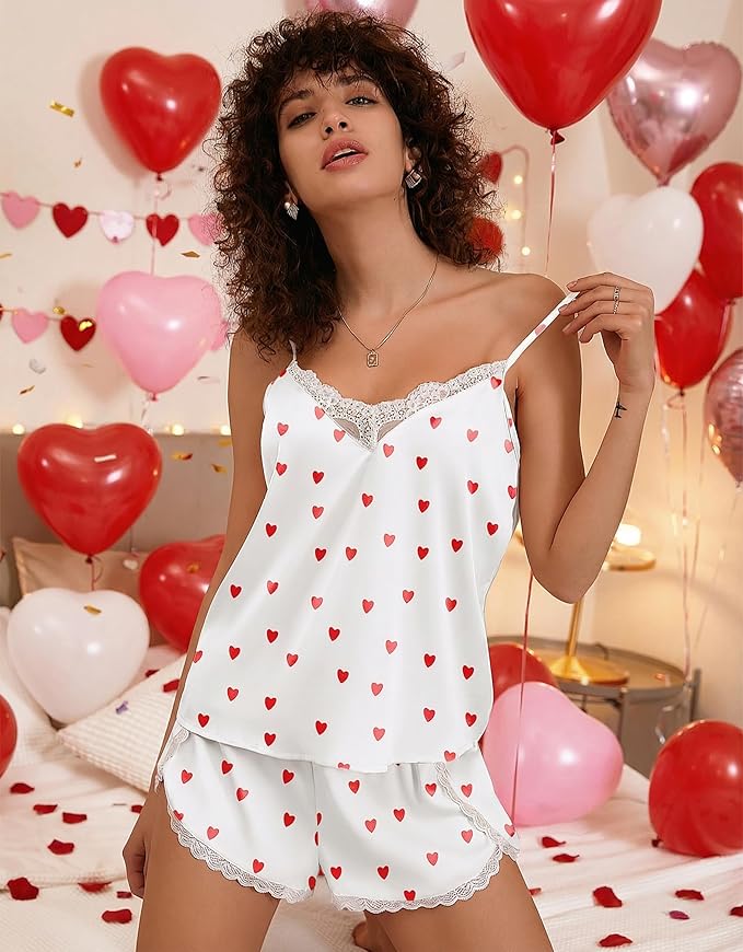 Ekouaer Satin Pajama Set for Women 2 Piece Silky Lingerie Sleepwear Lace Camisole Pj Shorts Set Soft Nightwear S-XXL