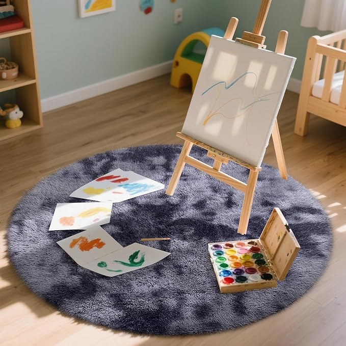 OLANLY Light Grey Tie-dye Round Rugs for Bedroom - Machine Washable, 4x4 Feet Circle Area Rugs for Living Room, Soft and Fluffy Shaggy Carpet for Teen Girls and Boys, Dorms, Home Decor Aesthetic