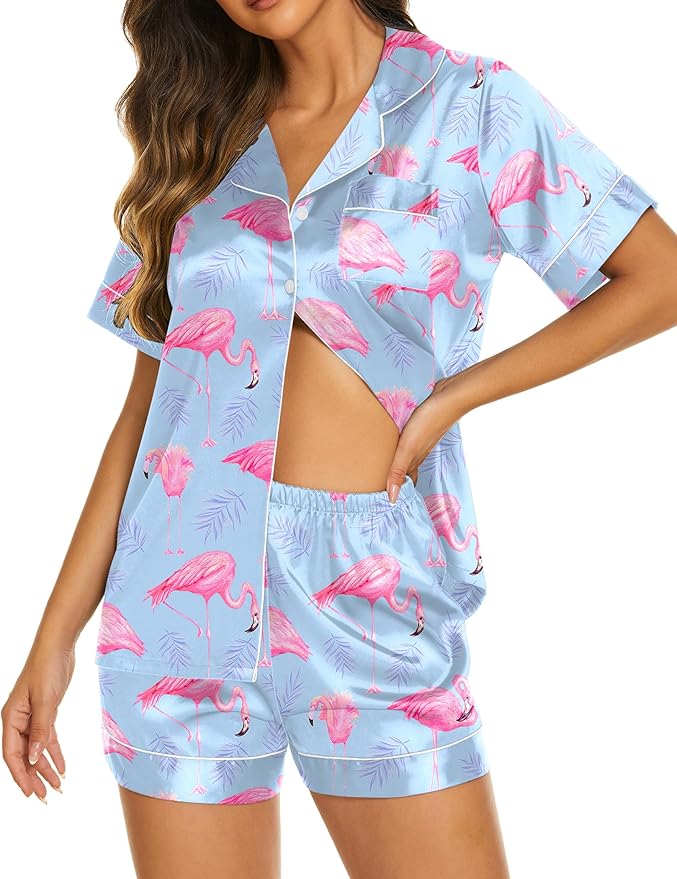 Ekouaer Silk Pajamas for Women Short Sleeve Sleepwear Soft Button Down Loungewear 2 Piece Satin Pjs Shorts Set