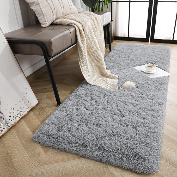 Jelymark Super Soft Shaggy Rug for Bedroom, 2x6 Feet Fluffy Carpet for Living Room, Fuzzy Indoor Plush Area Rug for Home Decor, Furry Floor Rugs for Dorm, Kids Nursery Rug for Girls, Grey