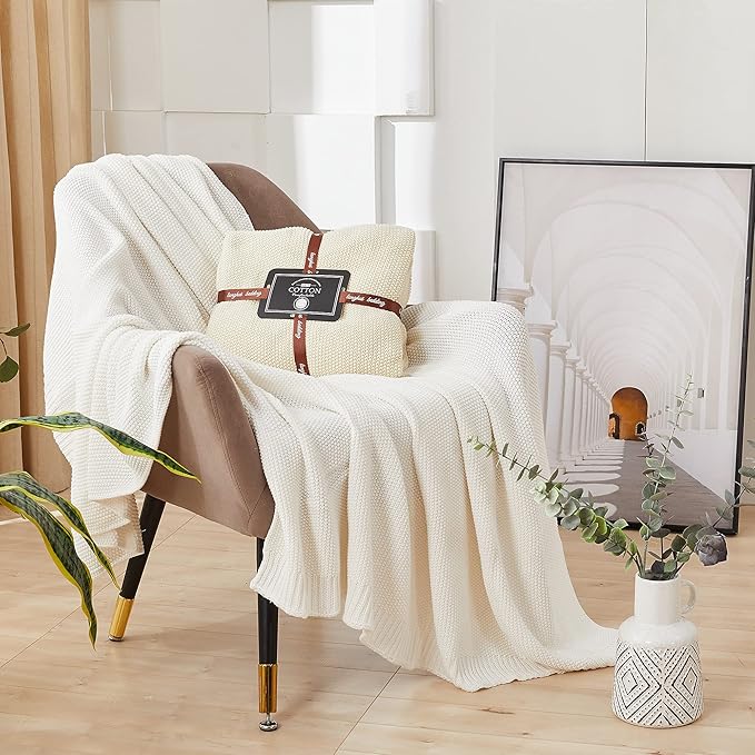 Longhui bedding Cream Cotton Cable Knit Throw Blanket for Couch Sofa Bed, Home Decorative Throw Blanket for Couch, Lightweight Woven Throw Blankets with Bonus Laundering Bag, 3.4 Pounds 60 x 80 Beige