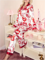 WDIRARA Women's 2 Piece Bowknot Print Satin Pajama Set Long Sleeve Button Down Lounge Pants Sleepwear Sets