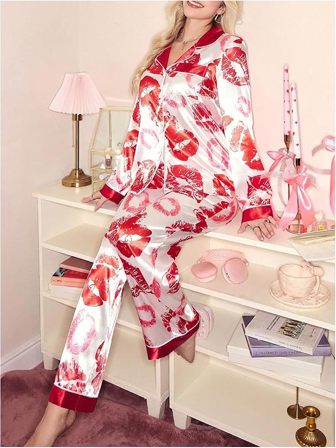 WDIRARA Women's 2 Piece Bowknot Print Satin Pajama Set Long Sleeve Button Down Lounge Pants Sleepwear Sets