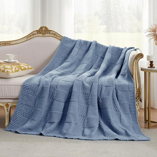 Amélie Home Knit Throw Blanket, Soft Chenille Cozy Breathable Checkered Chunky Decorative Blanket for Couch, Bed & Sofa, French-Inspired Lightweight Warm Gift for Women, Washed Blue, 50"x60"