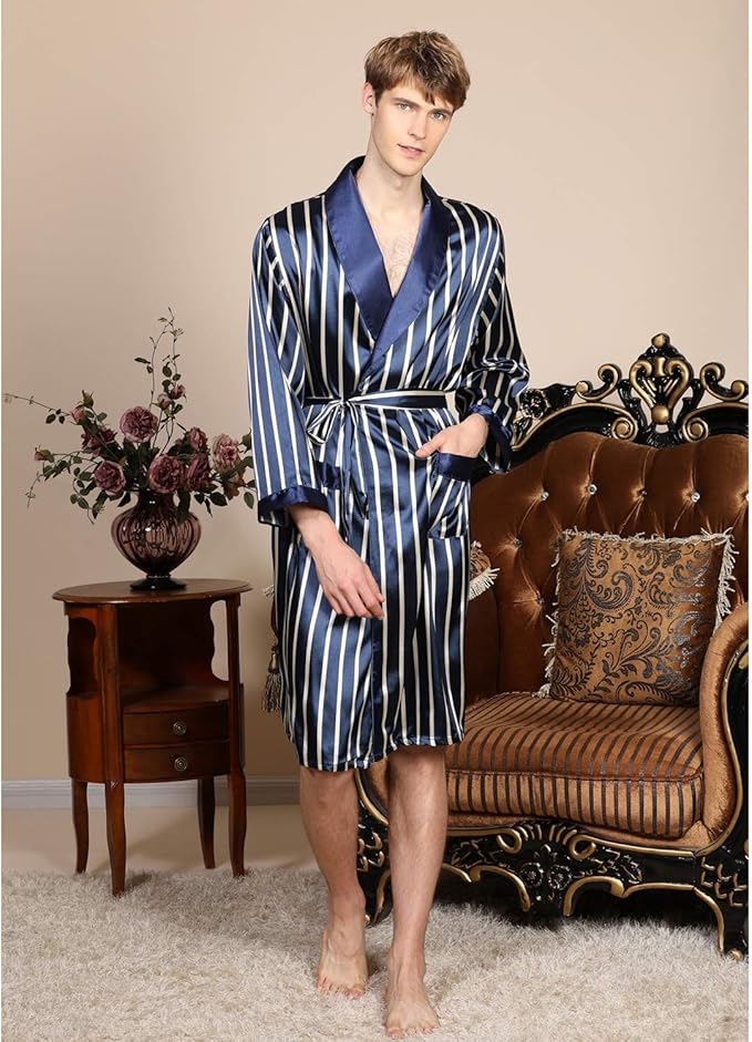 Mens Satin Robe,Silk Long Sleeve House Kimono Bathrobe,Soft Loungewear Dragon Robe