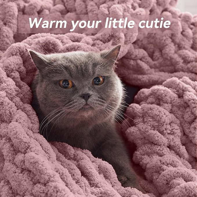Negwoo Chunky Knit Throw Blanket, 60''*80'' Knitted Throw Chenille Yarn for Bed Couch, Handmade Muted Pink Crochet Big Thick Blanket, Machine Washable Cute Comfy Blanket for Home Decor