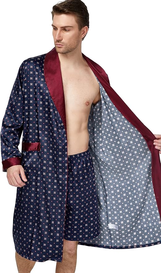 Tony & Candice Men's Satin Robe Lightweight Long Sleeve Silk Kimono Bathrobe with Shorts Set Sleepwear