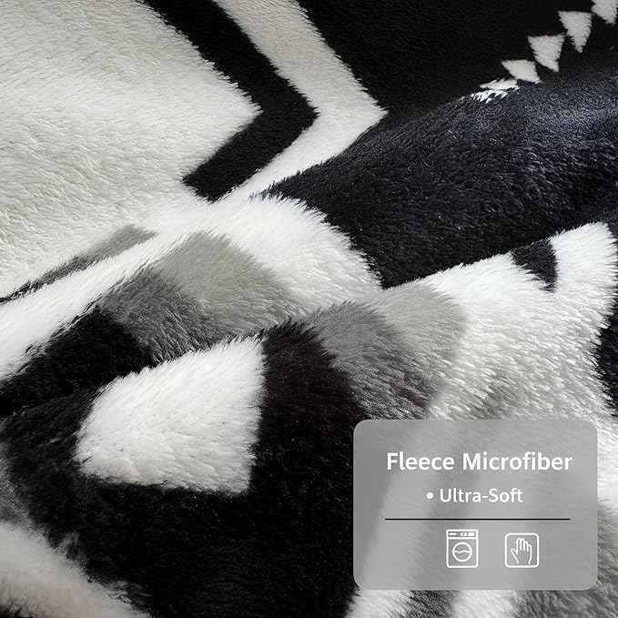 Fleece Blanket Queen - 90x90 Inch Lightweight & Buttery-Soft Throw for Bed, Sofa, Camping | 300GSM Cloud-Touch Microfiber | Cozy Essentials for Travel & Movie Nights, (Boho Black White)