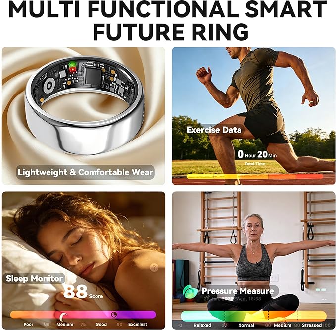 Smart Ring for Women Men,Fitness Tracker Ring,Heart Rate,Blood Oxygen,Step Tracker,Sleep Tracker,Meditation Assistance,No Subscription Fee,IP68 Waterproof Smart Ring for iphone&Android(Gold 7)