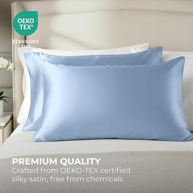 Pure Bedding Satin Pillowcase 2 Pack - Queen Size (20"x30", Baby Blue) - Silky Pillow Cases for Hair and Skin - Satin Pillow Covers with Envelope Closure - Extra Soft Premium Microfiber