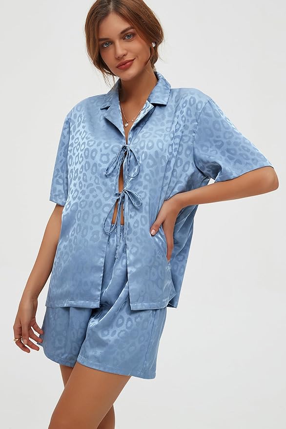 CHYRII Women's Silk Satin Pajamas Sets Tie Front Short Sleeve Tops and Shorts Two Piece Pj Sets Sleepwear