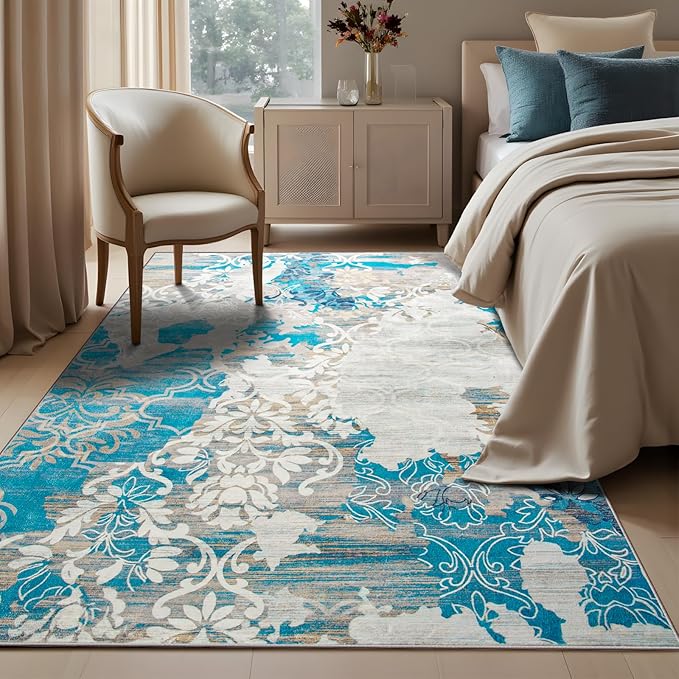 CRYPTOLITE Abstract Area Rug Washable Rug with Non-Slip Backing Low Pile Area Rugs for Living Room, Bedroom, Dining Room,4x6, Blue