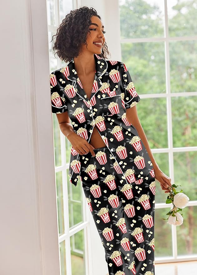 Ekouaer Silk Satin Pajamas Set Women Short Sleeve Sleepwear Soft Button Down Loungewear Pjs Set