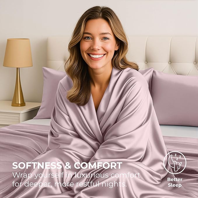 Pure Bedding Satin Sheets Queen [4-Piece, Champagne Pink] Hotel Luxury Silky Bed Sheets - Extra Soft 1800 Microfiber Sheet Set, Wrinkle, Fade, Deep Pocket Fitted Sheet, Flat Sheet, Pillow Cases