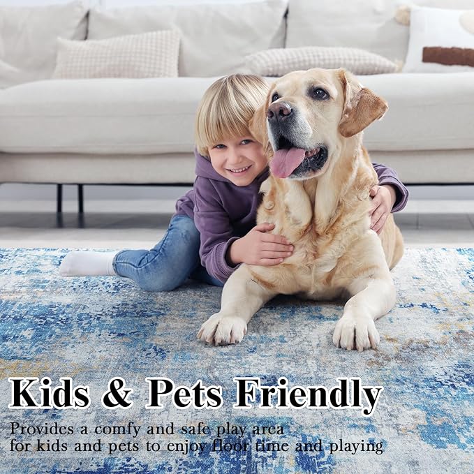 Area Rug 5x7 Washable Rugs Modern Abstract Area Rug Soft Non-Slip Non-Shedding Faux Wool Stain Resistant Floor Carpets for Living Room Bedroom Dining Room Kids Room Home Office (Blue, Ivory)