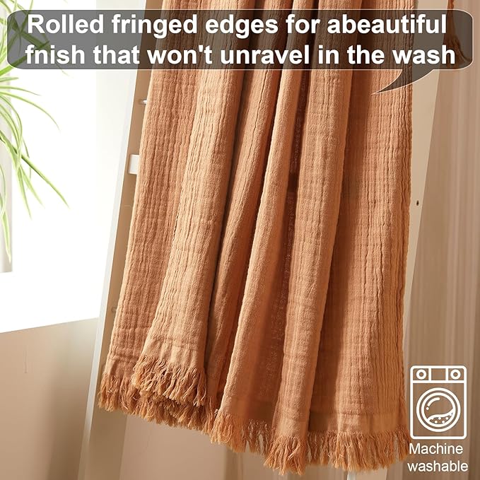 Cotton Muslin Throw Blanket with Tassels, Lightweight Woven Gauze, Pre-Washed Breathable Farmhouse Decor for Bed, Couch, All-Season Use (Tan, 50" x 60")