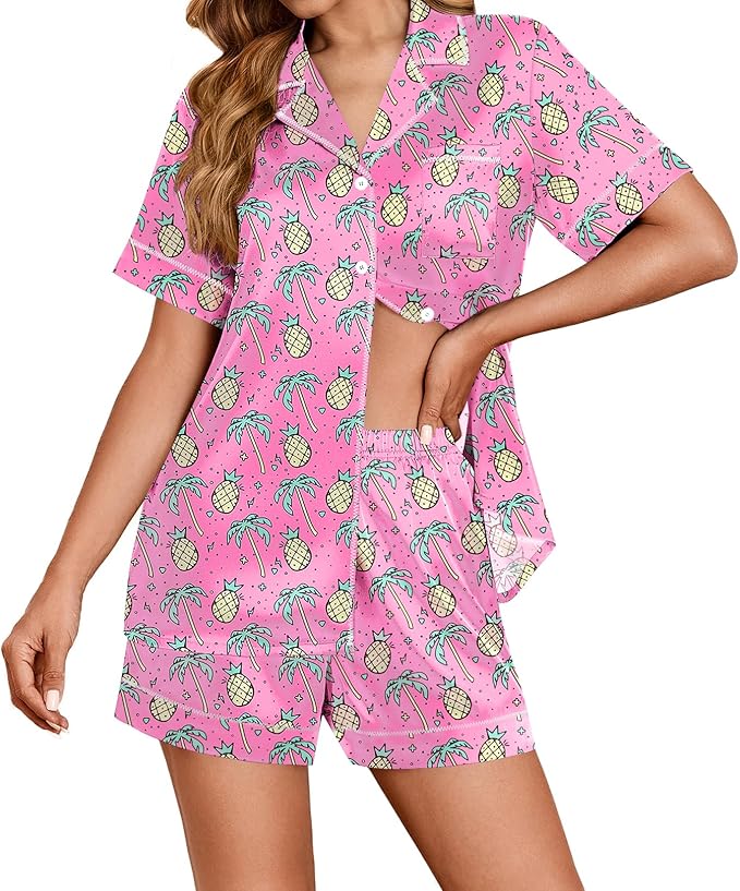 Ekouaer Womens Satin Silk Pajamas Set Short Sleeve Sleepwear Button Down Top and Shorts Loungewear 2 Piece Pjs Set S-XXL