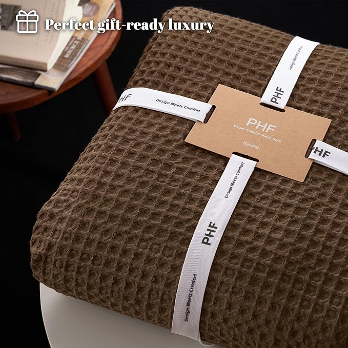 PHF Ultra Soft Waffle Weave Throw Blanket 50"x 60"- Washed Lightweight Breathable Cozy Woven Blanket for Bed - Aesthetic Decor for Couch Bedding Sofa Home Car - Chocolate