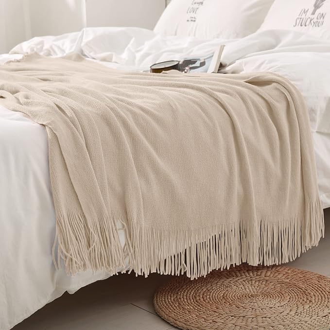 Homiest Decorative Knitted Throw Blanket with Fringe, Lightweight Acrylic Knit, Soft & Cozy Tassel Blanket for Couch, Sofa, Bed (Taupe, 50 x 60 Inch)