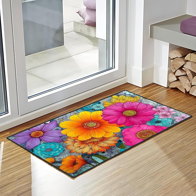 Floral Area Rug 2x3 ft Entry Rug Washable Boho Rugs Non Slip Low Pile Spring Floral Door Mat Small Carpet for Bedroom, Bedside, Kids Room, Office, Dining Room
