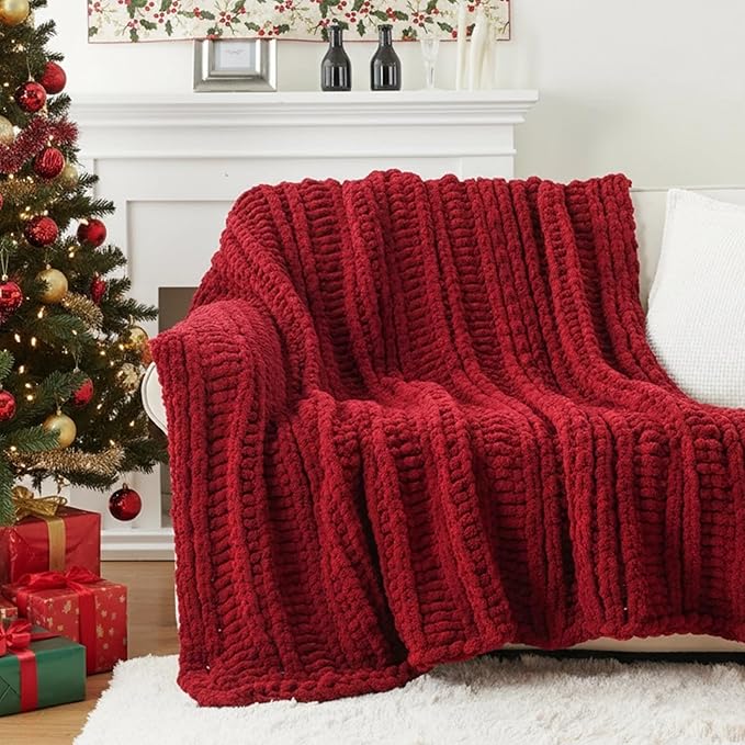 Battilo Dark Red Chunky Knit Throw Blanket, Christmas Red Throw Blanket for Couch, Super Soft Cozy Warm Blankets, Burgundy Chenille Throw Blanket for Living Room, Christmas Decorations, 50"x60"